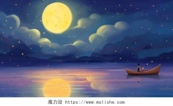 女孩乘船赏月治愈唯美插画电脑唯美壁纸月亮夜晚插画唯美夜景风景大海